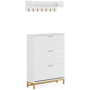 Lauren 47 in. H x 31.5 in. W White Wood Shoe Storage Cabinet with Wall Mount Coat Rack, Shoe Cabinet with 3 Flip Drawers
