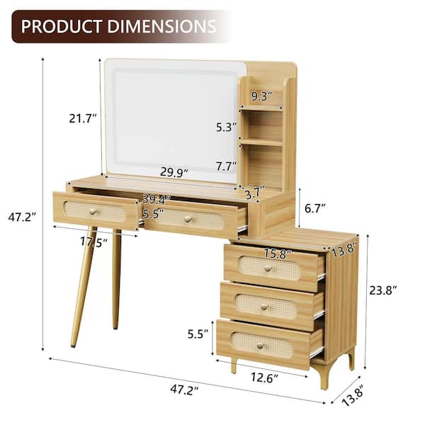 Rattan Drawer Design Natural Makeup Vanity with Mirror Adjustable Brightness Lights 5-Drawers and Storage Shelf