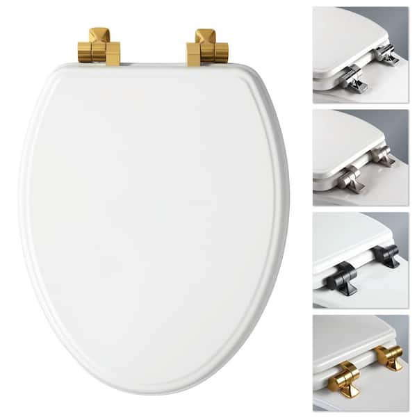 Weston Elongated Soft Close Enameled Wood Closed Front Toilet Seat in White Never Loosens Brushed Gold Metal Hinge