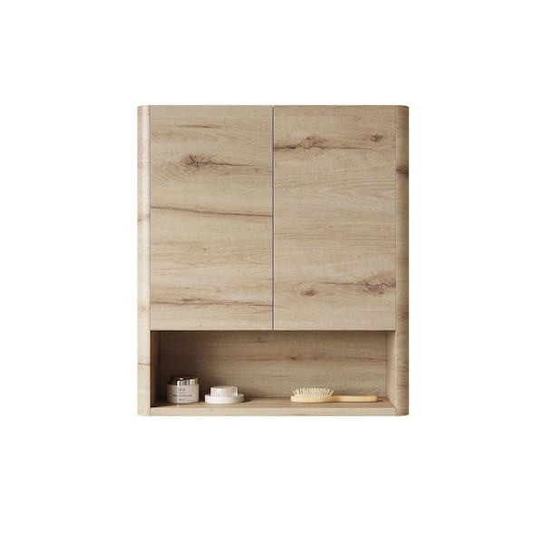 26 in. W x 8 in. D x 30 in. H White Oak Plywood Linen Cabinet with Doors, Shelf and Open Storage