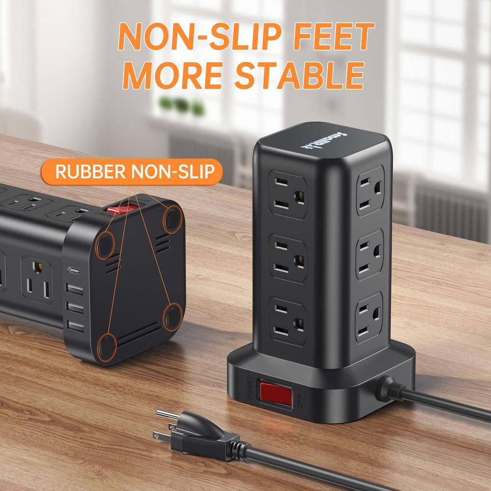 Black Tower Power Strip with 6.5 ft Cord and USB Ports