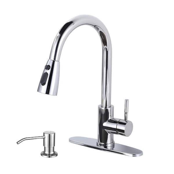 Single Handle Pull Down Sprayer Kitchen Faucet with 3-Mode Sprayer and Soap Dispenser in Polished Chrome