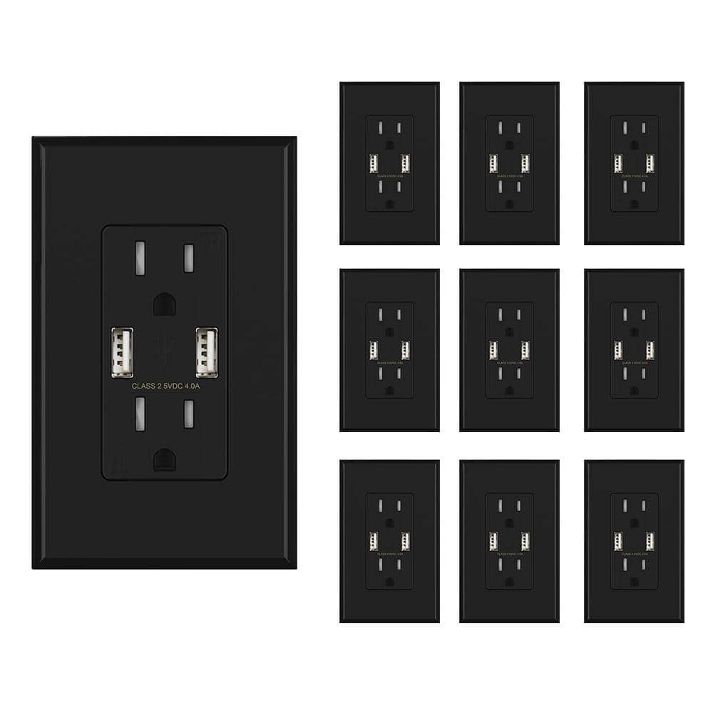 ELEGRP 4.0 Amp USB Outlet, Dual Type A In-Wall Charger with 15 Amp Duplex Tamper Resistant Outlet, Black (10-Pack) -  R1615D40-BL10