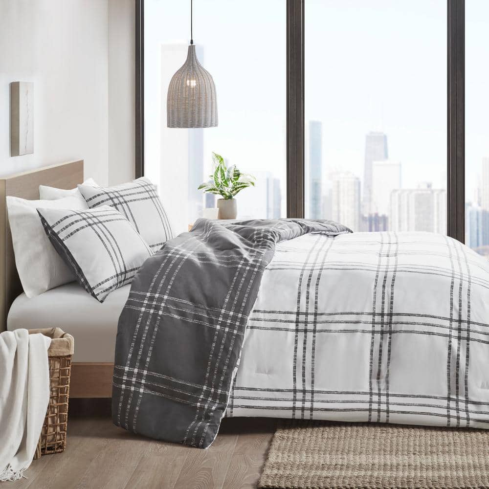 Twin XL White and Gray Microfiber Reversible Comforter Set