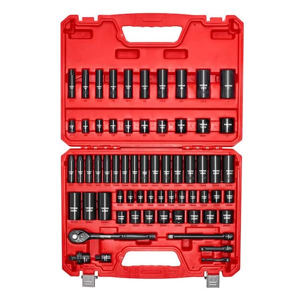 64-Piece 3/8 in. Drive Impact Socket Set, SAE (5/16 in. to 1 in.) & Metric (6-24 mm), Cr-V Steel, with Extensions & Case