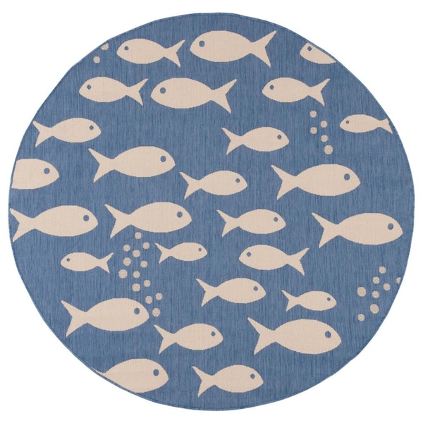 Courtyard Blue/Beige 8 ft. x 8 ft. Novelty Fish Indoor/Outdoor Round Area Rug