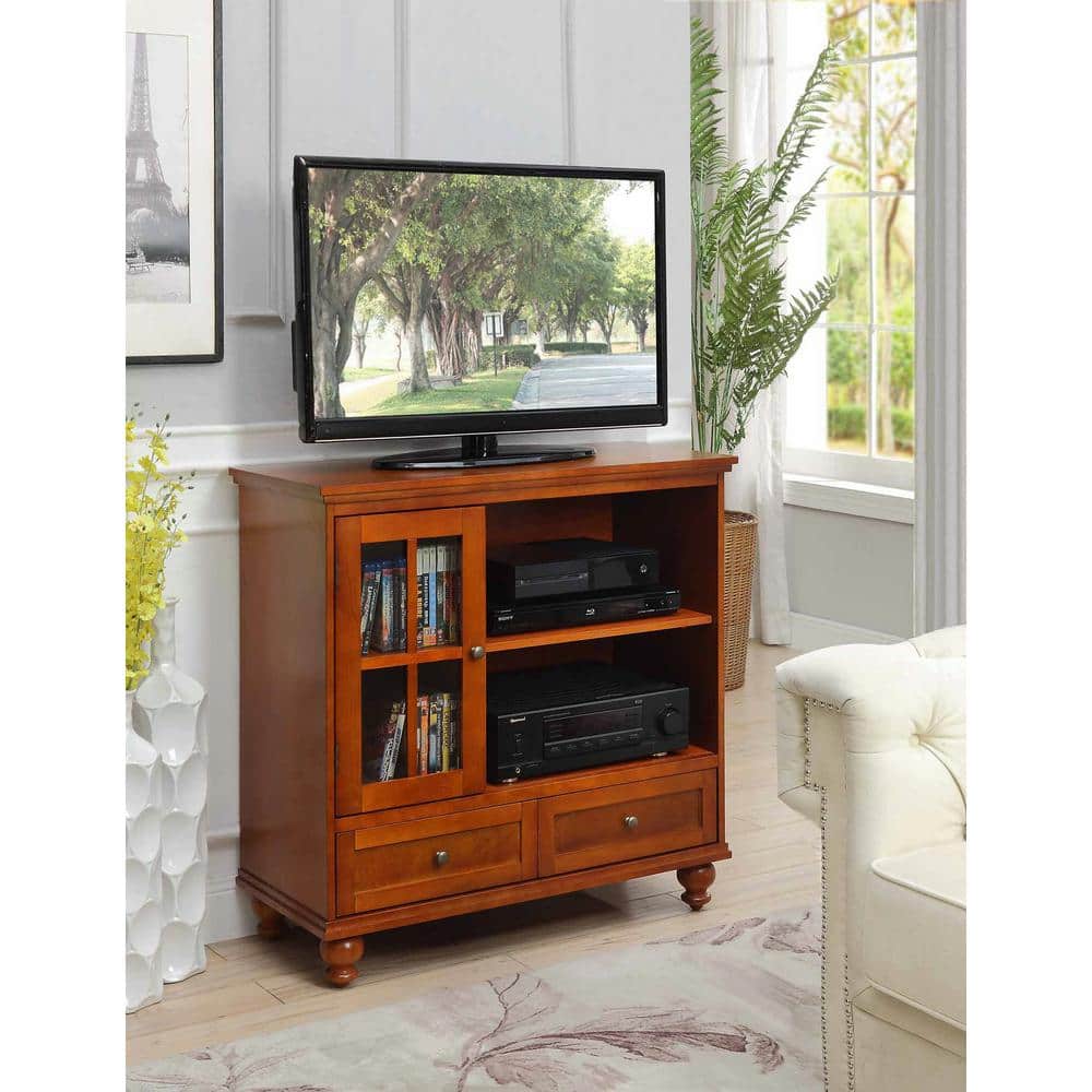 Espresso Highboy TV Stand with Glass Cabinet and Drawers