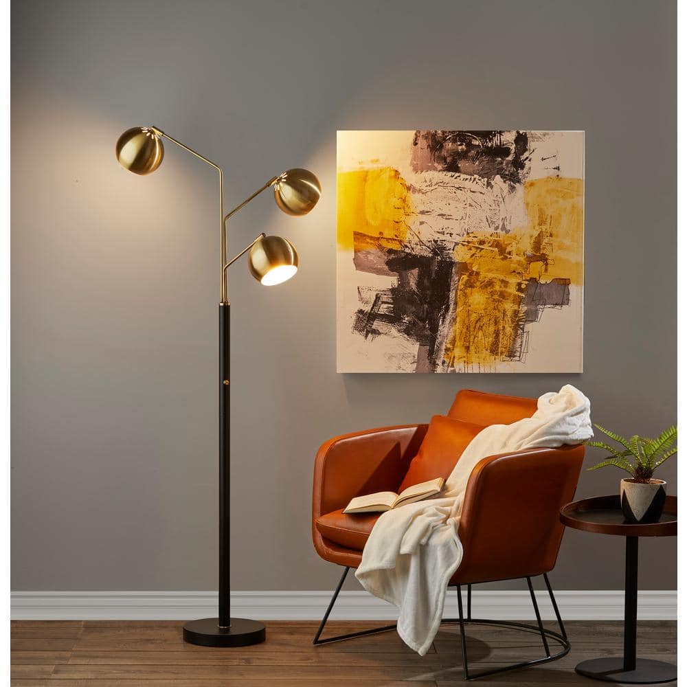 Mid-Century Modern Adjustable 3-Head Floor Lamp in Black and Antique Brass