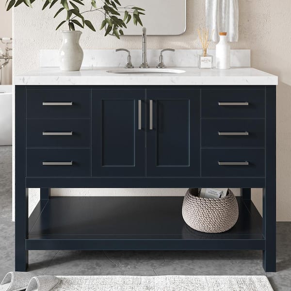 ARIEL Magnolia 48.25 in. W x 22 in. D x 36 in. H Single Freestanding Bath Vanity in Midnight Blue with Carrara Quartz Top