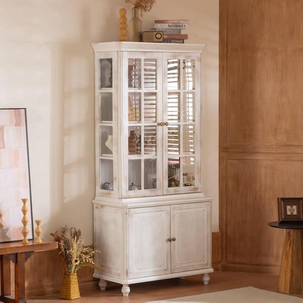 Harper & Bright Designs Whitewashed 77.5 in. H Storage Display Cabinet with 4 Adjustable Shelves, Glass Doors for Hallways, Living Room Kitchen