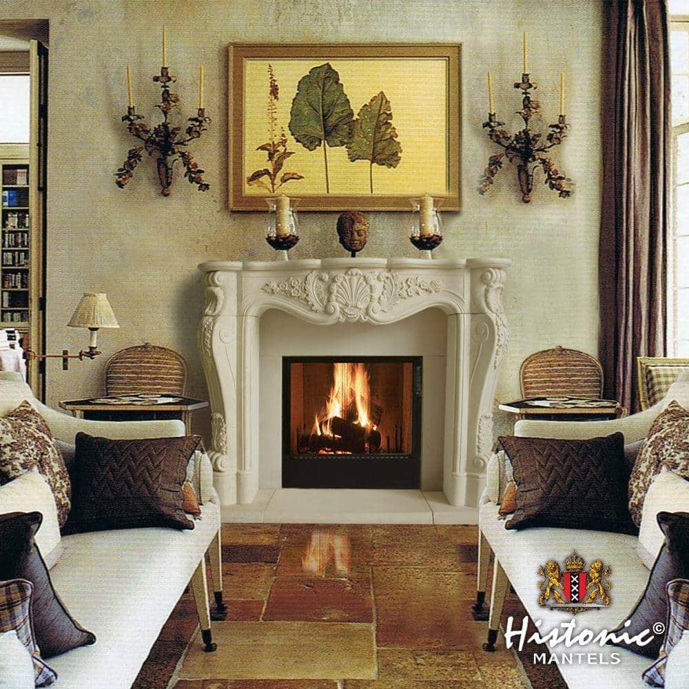 Distressed Ivory Sand Cast Stone Fireplace Mantel with Hearth
