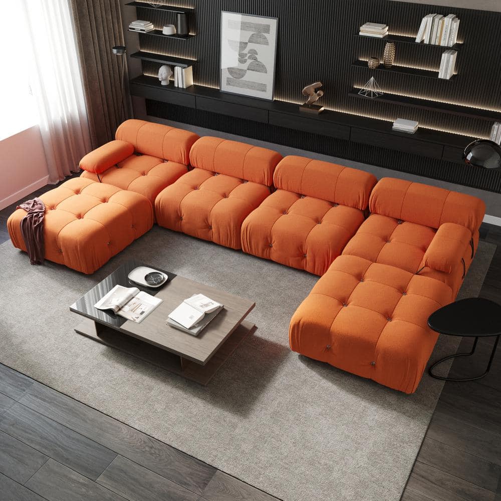 J E Home 151 In Square Arm 3 Piece Velvet U Shaped Sectional Sofa Orange Gd Sg000240aaa The