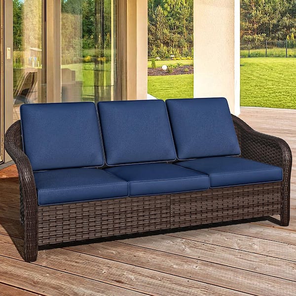 JOYSIDE 3-Seat Wicker Outdoor Couch Patio Sofa with Blue Cushion