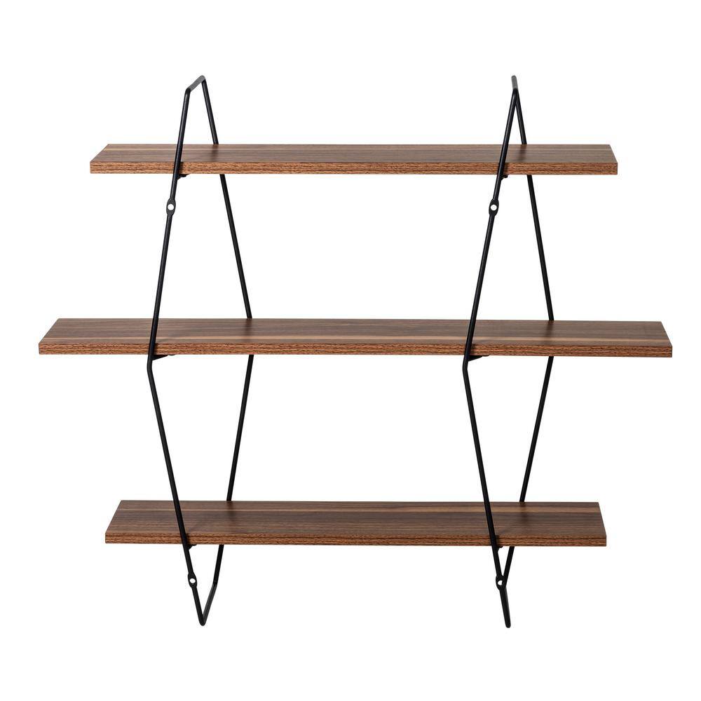 Industrial Black Steel and Wood 3-Tier Wall Shelf
