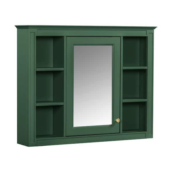 35 in. W x 27.5 in. H Green Rectangular Wood Medicine Cabinet with Mirror and 6-Open Shelves