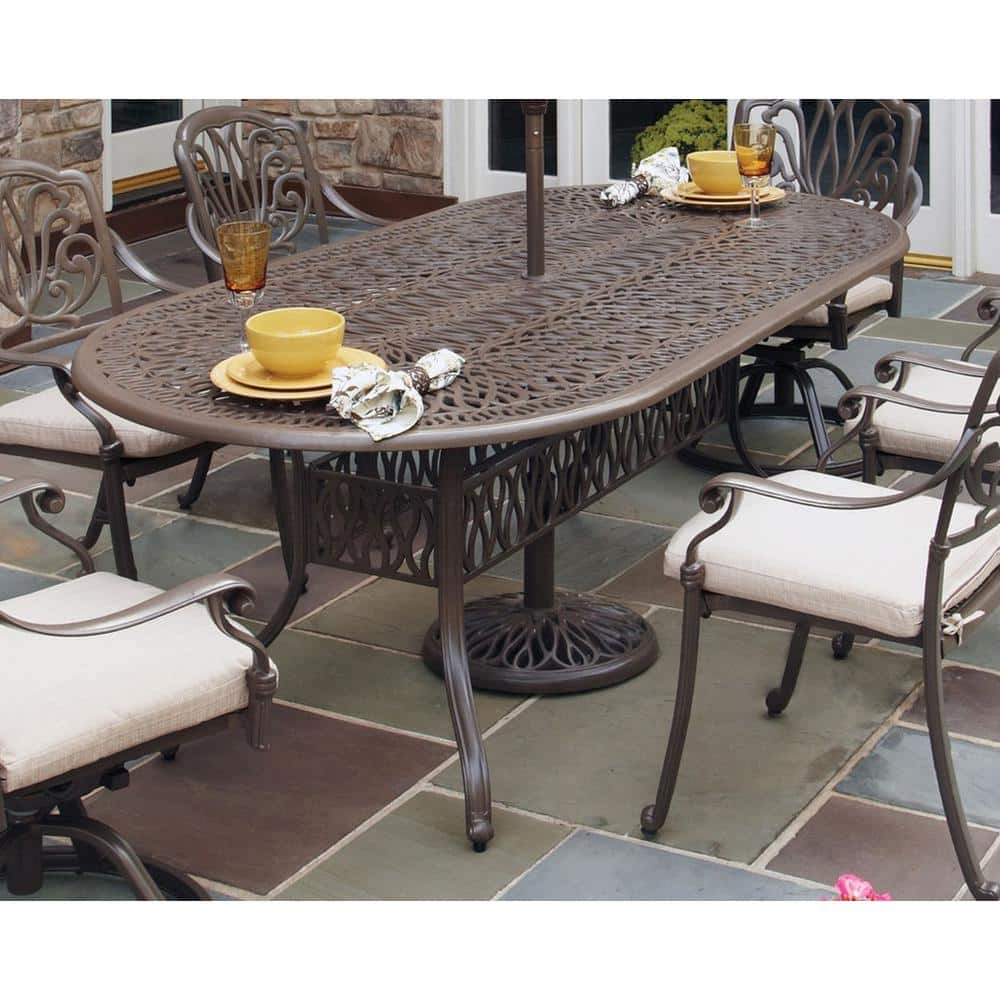 Capri Taupe Cast Aluminum Outdoor Dining Table with Umbrella Hole