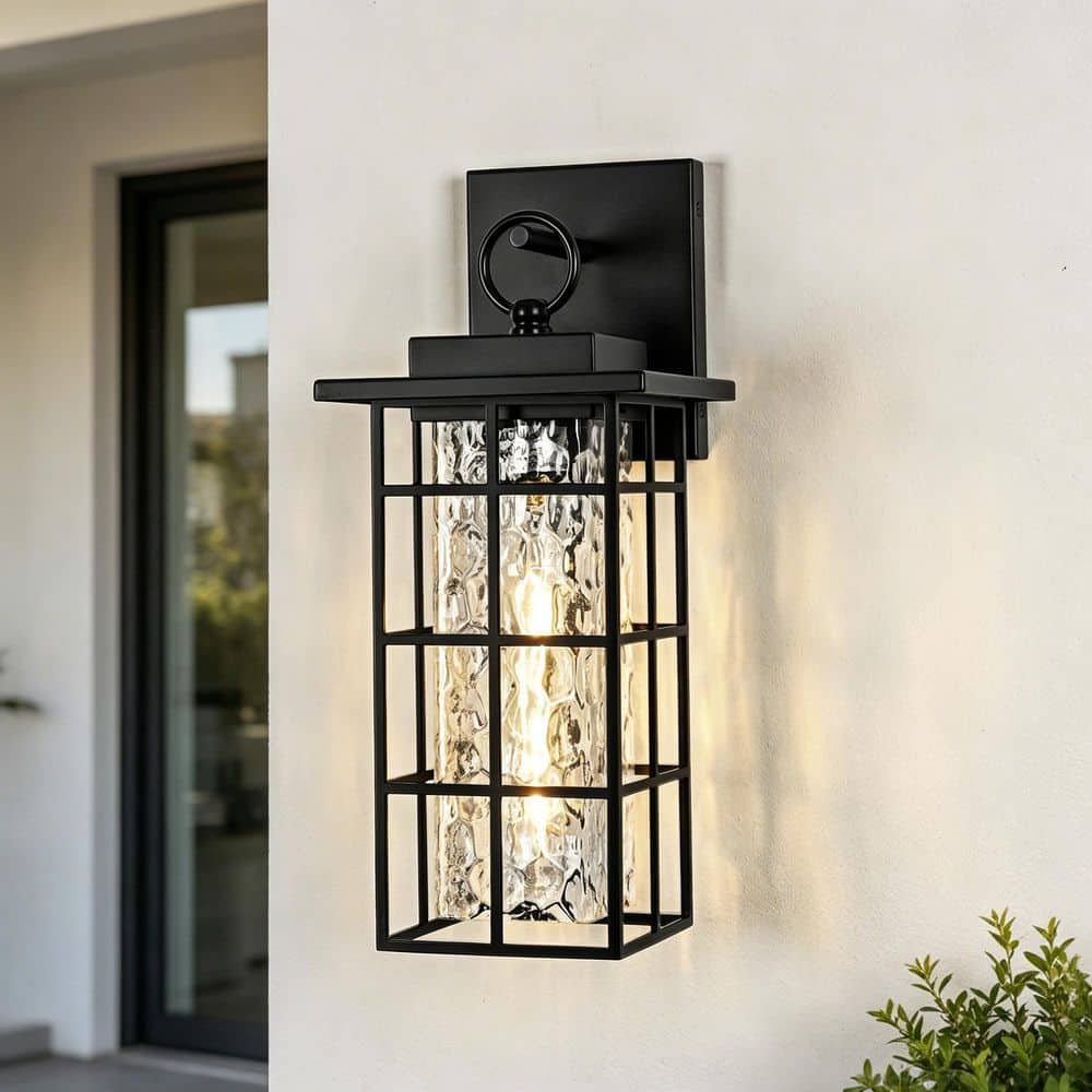 15 in. 1-Light Black Hardwired Outdoor Wall Light Lantern Porch Sconce with Hammered Clear Glass Shade, No Bulb Included price history on PriceWatchPro