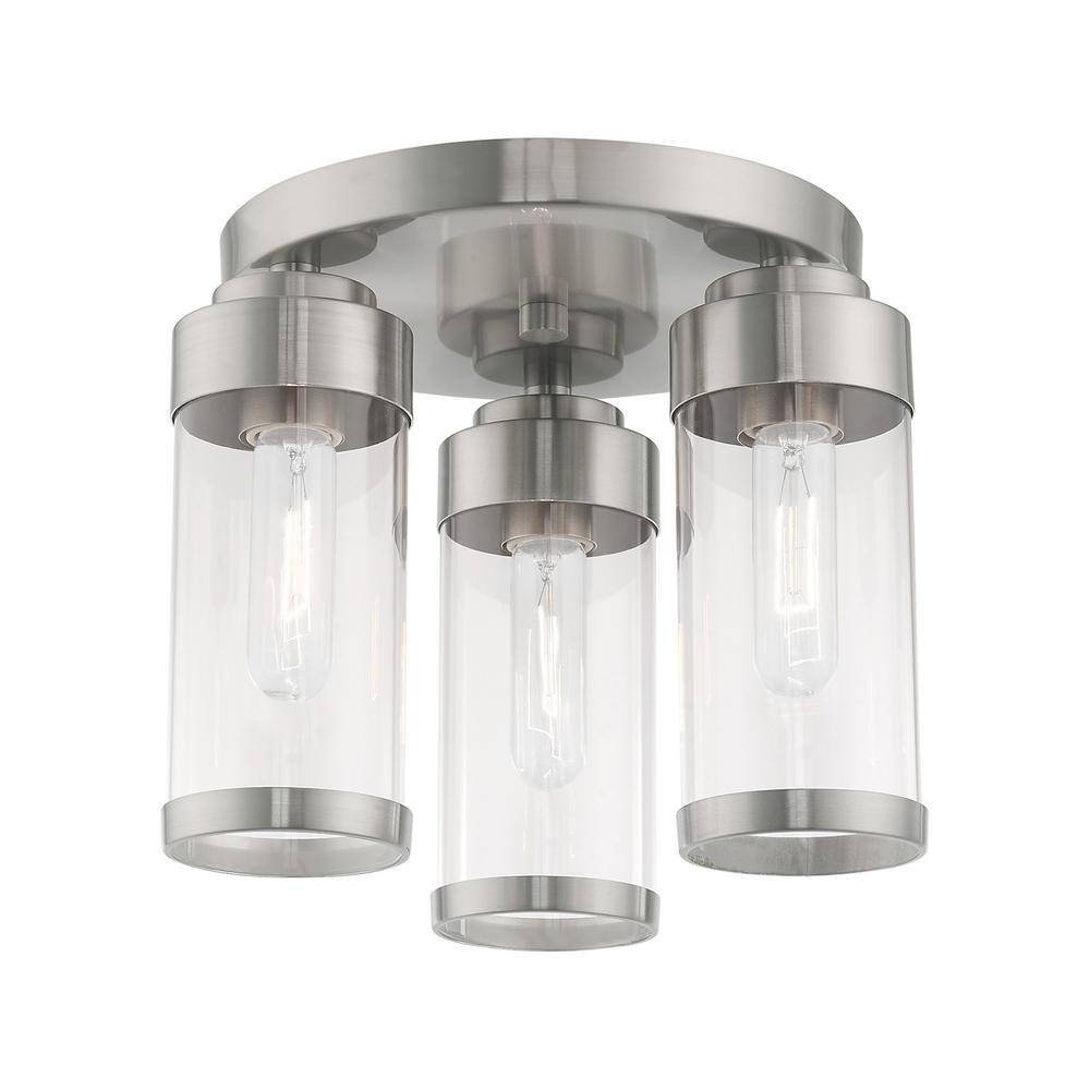 Brushed Nickel 3-Light Flush Mount with Clear Glass Shades