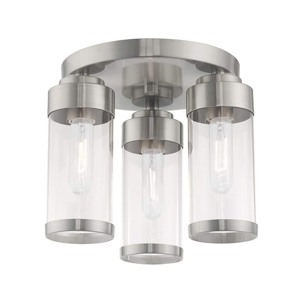 Brushed Nickel 3-Light Flush Mount with Clear Glass Shades