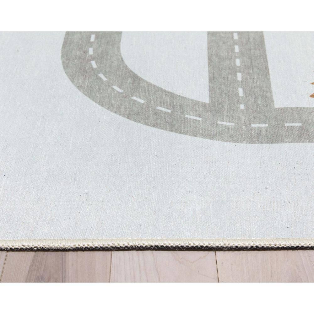 Gray Chenille Kids Playmat Road Traffic 5' x 7' Rug