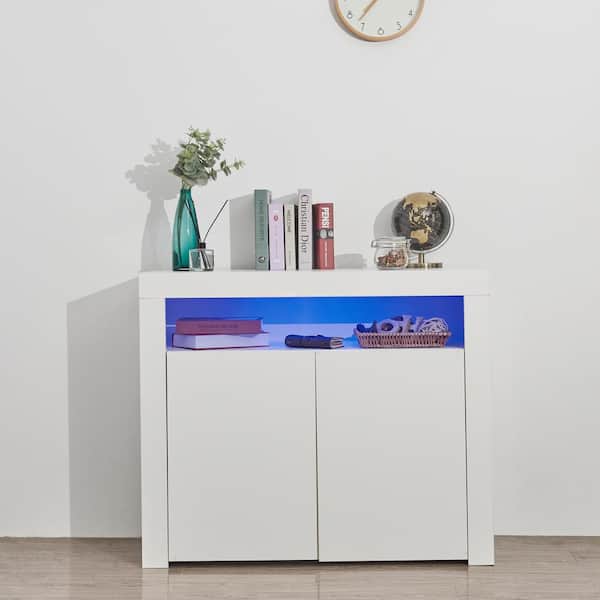Panana High Gloss Front 2 Doors Storage Sideboard Living Room Cupboard with LED Light in White Matt Body White//Black