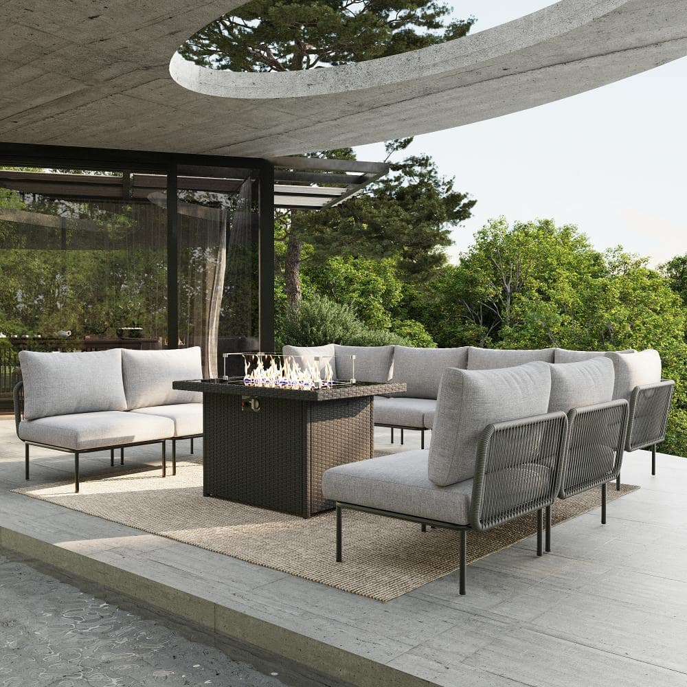 9 Pieces Aluminum Patio Furniture Set with Fire Pit Table and Upgrade Thickness Cushion