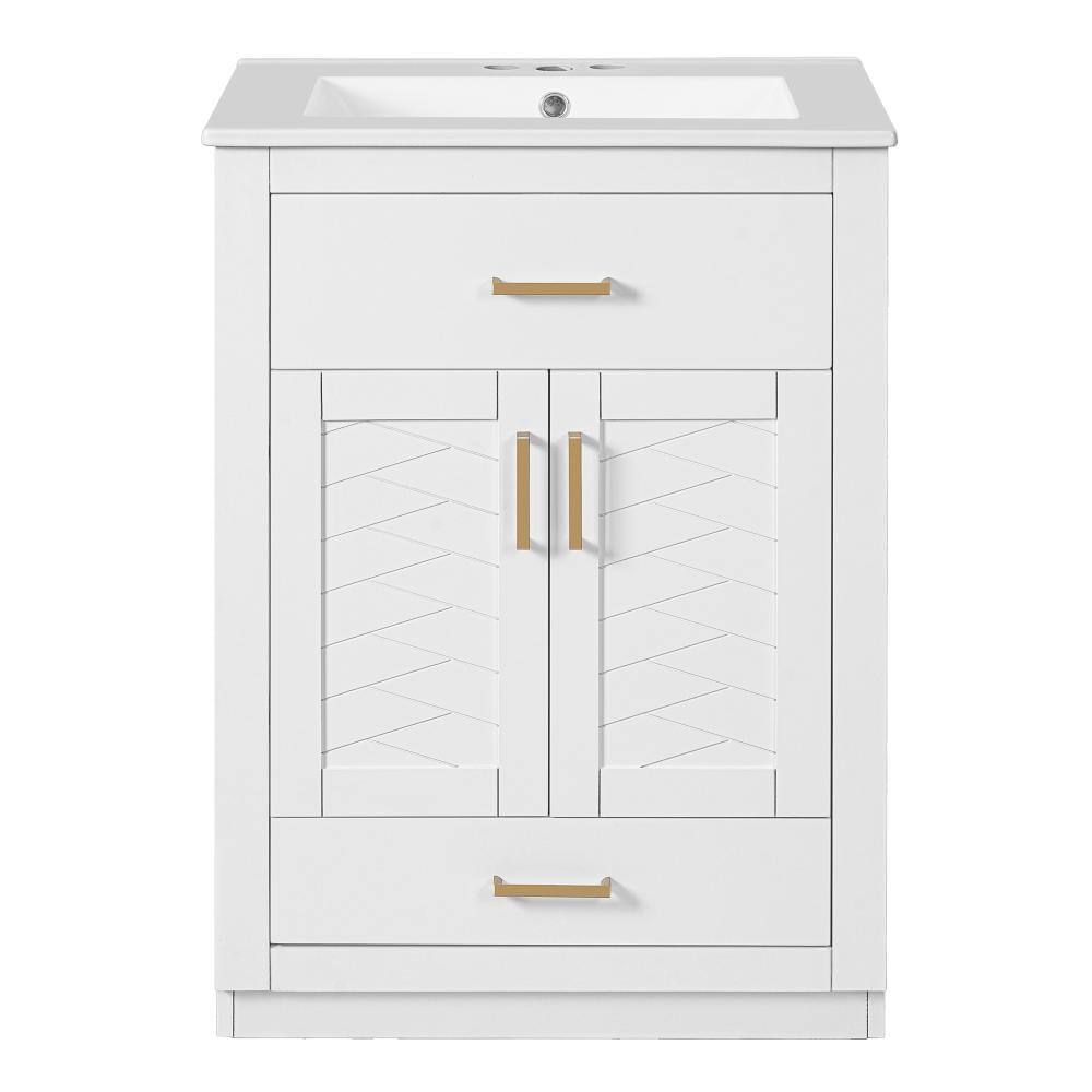 24 in. Freestanding Solid Wood Bathroom Vanity in White with Glossy White Ceramic Top price history on PriceWatchPro