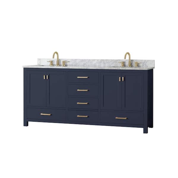 Modero 73 in. Double Sink Navy Blue Bath Vanity with Carrara White Marble Top