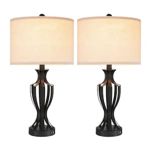 23 in. Sleek Metal Black Finish Table Lamp Set with Bulbs, Touch Control, Dual USB Ports, and AC Outlet (set of 2)