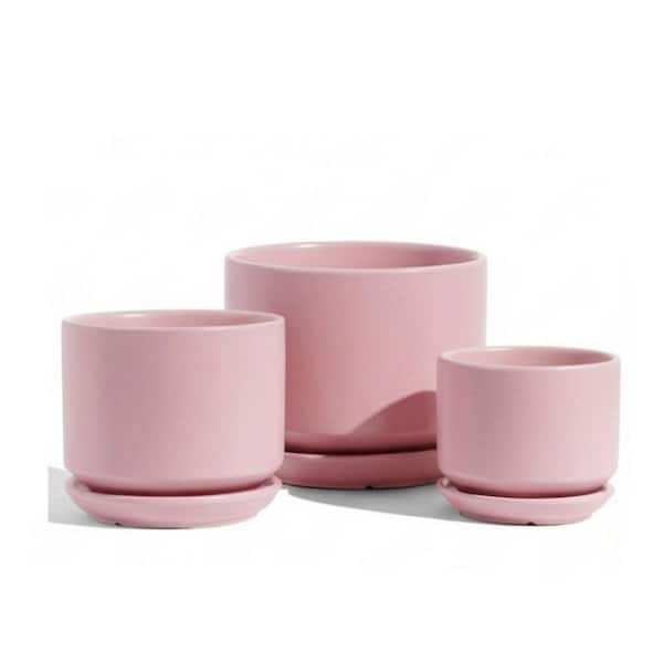 OGETFUUR 3-Set Pink Ceramic Planters with Drainage Hole and Saucer, Indoor  Flower Pot with Hole Mesh Pad HZ3O-0K7