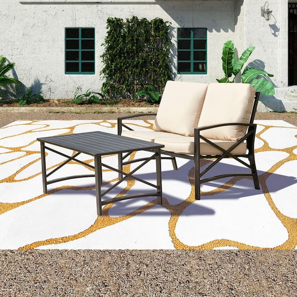 TOP HOME SPACE 2-Piece Metal Patio Conversation Set with Khaki Cushions