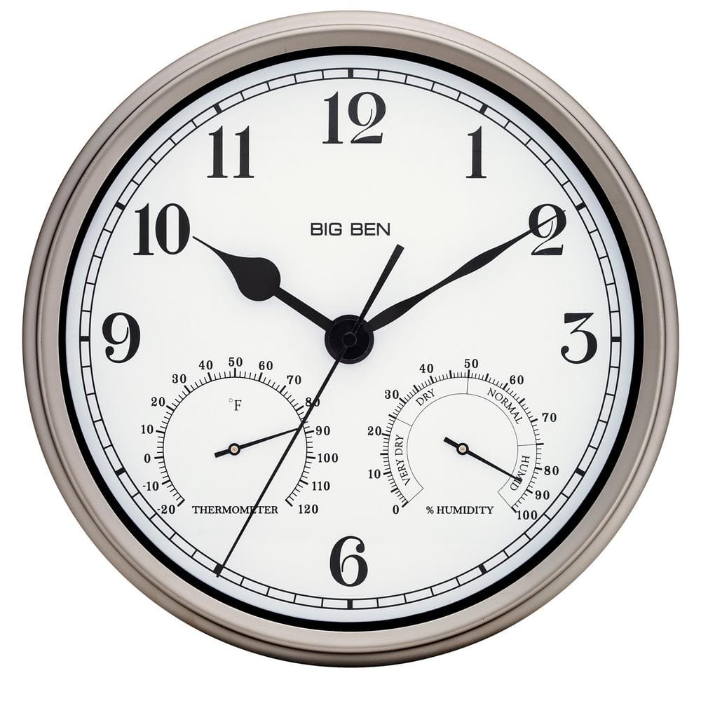 UPC 844220004215 product image for Silver Finish 12 in. Round Metal Frame Outdoor Wall Clock | upcitemdb.com