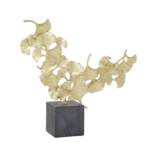 CosmoLiving by Cosmopolitan Gold Polystone Handmade Floral Sculpture with Black Block Base