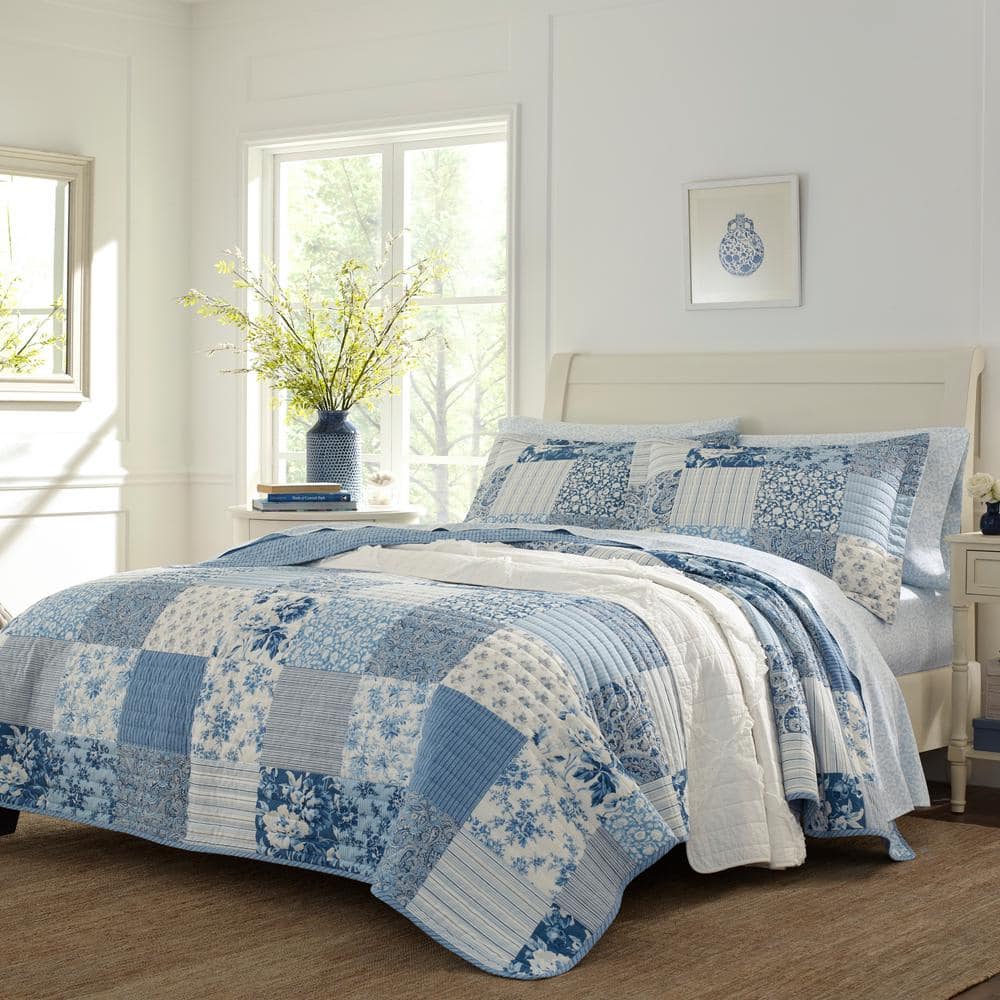 2 Pillow Shams Double Blue Floral Patchwork Quilted Bedspread Throw 