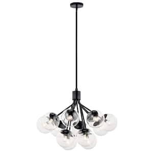 Silvarious 30 in. 12-Light Black Modern Clear Glass Shaded Convertible Chandelier for Dining Room