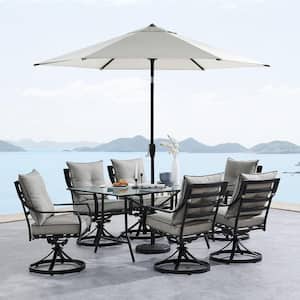 Lavallette 7-Piece Steel Outdoor Dining Set with Silver Linings Cushions, Swivel Rockers, Table, Umbrella and Base