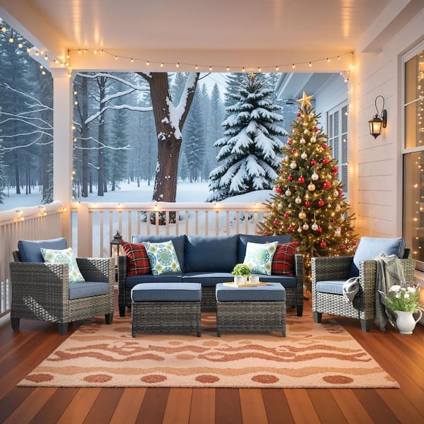 OVIOS Positano Gray 5-Piece Wicker Outdoor Patio Conversation Seating Set with Blue Cushions