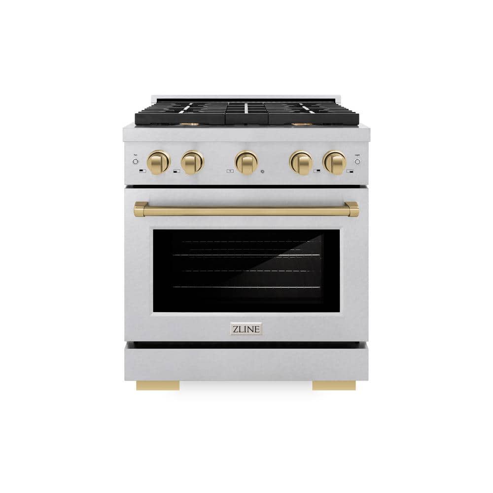 Autograph 30 in. Paramount Gas Range with 4 Burners and Convection Gas Oven in Satin Steel and Champagne Bronze Accents price history on PriceWatchPro