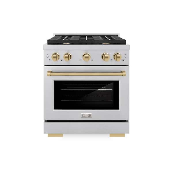 Autograph 30 in. Paramount Gas Range with 4 Burners and Convection Gas Oven in Satin Steel and Champagne Bronze Accents
