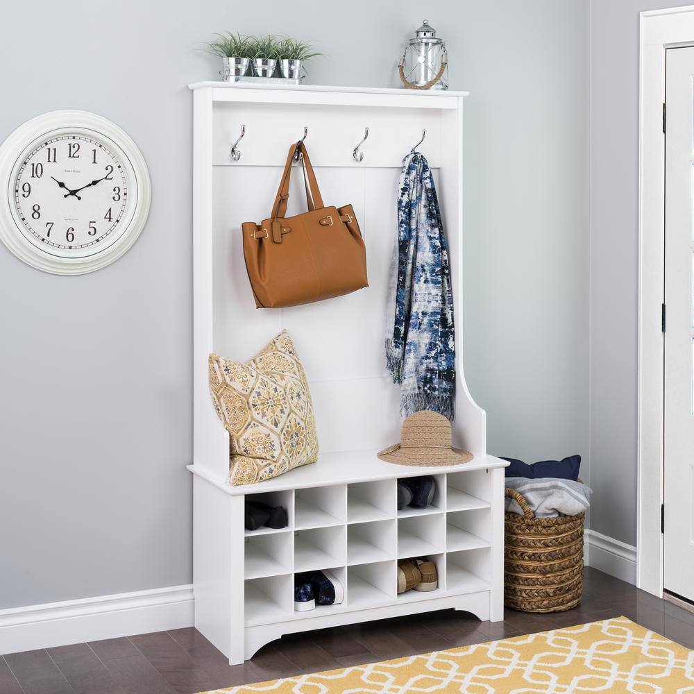 White Wood Hall Tree with Shoe Storage and Bench