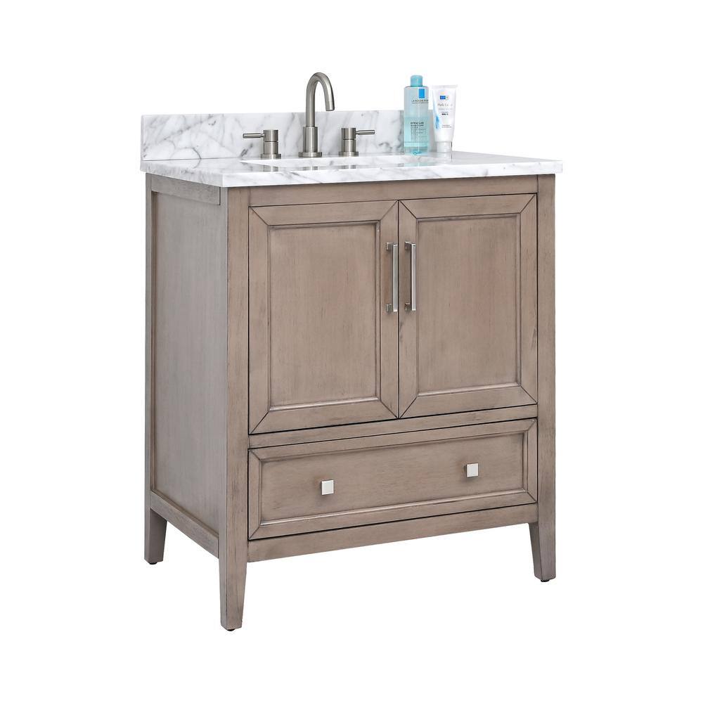 Gray Oak Single Sink Vanity with Carrara White Marble Top