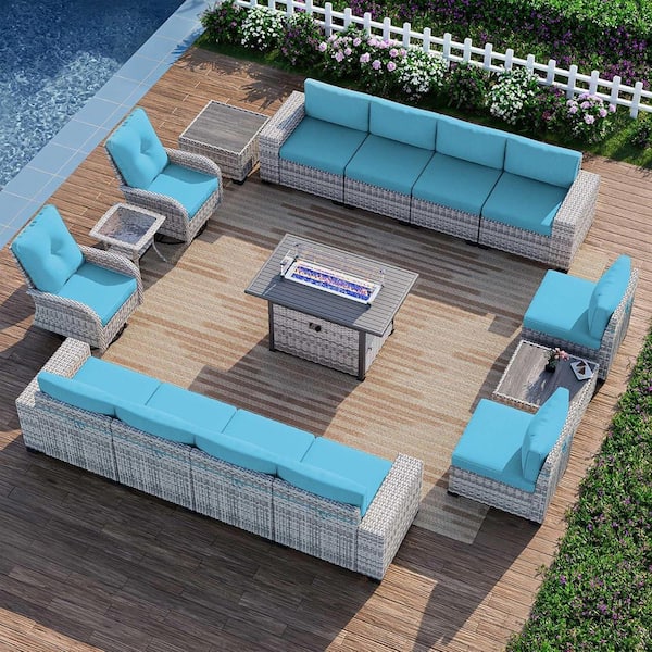 16-Piece Wicker Patio Conversation Set with Fire Pit Table and Top Table. Swivel Rocking Chairs with Turquoise Cushions