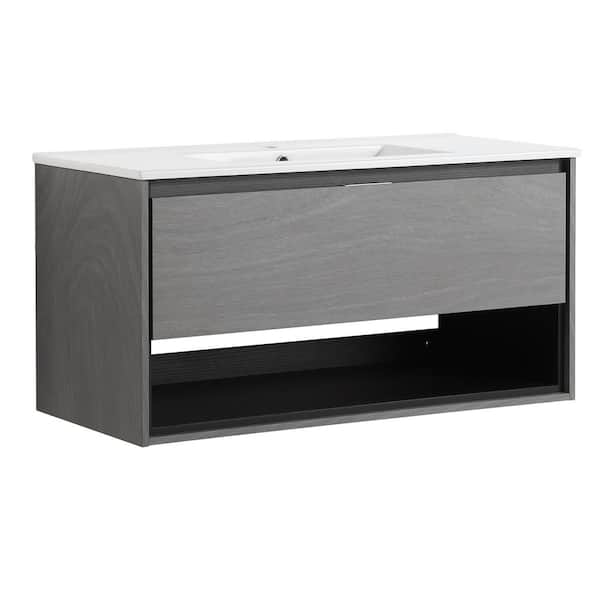 JimsMaison 40 in. W x 18 in. D x 20 in. H Bathroom Vanity Side Cabinet in Grey Ebony with White Ceramic Top