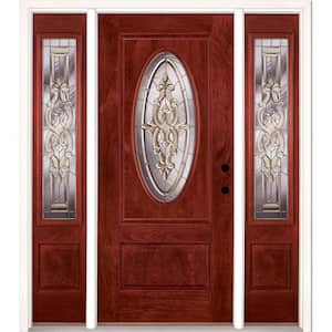 67.5 in.x81.625in.Silverdale Zinc 3/4 Oval Lt Stained Cherry Mahogany Left-Hd Fiberglass Prehung Front Door w/Sidelites