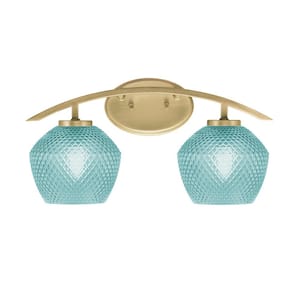 Siena 18.25 in. 2-Light Vanity Light New Age Brass with 6 in. Turquoise Textured Glass Shades, No Bulbs Included