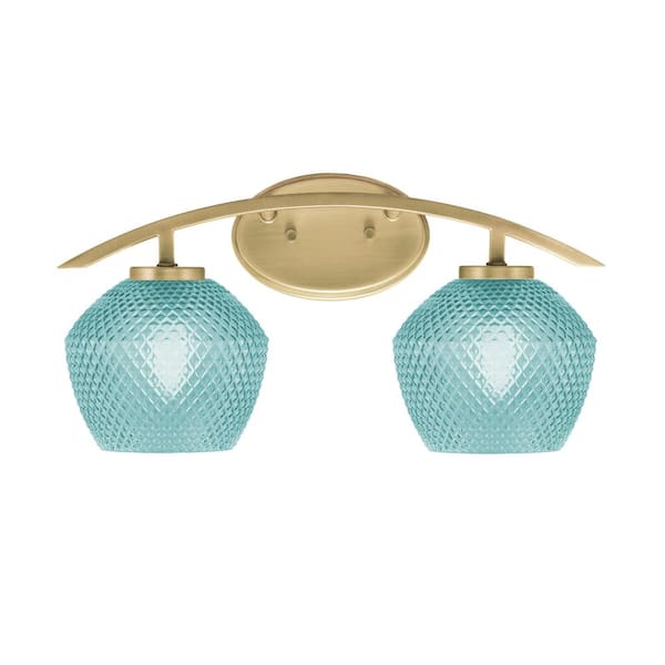 Unbranded Siena 18.25 in. 2-Light Vanity Light New Age Brass with 6 in. Turquoise Textured Glass Shades, No Bulbs Included