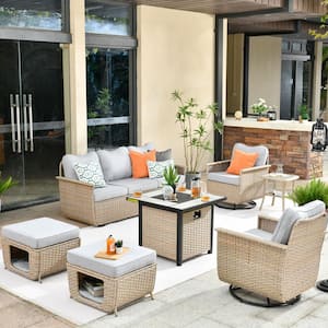 Hera 7-Piece Wicker Outdoor Patio Fire Pit Seating Sofa Set with Gray Cushions and Swivel Rocking Chairs