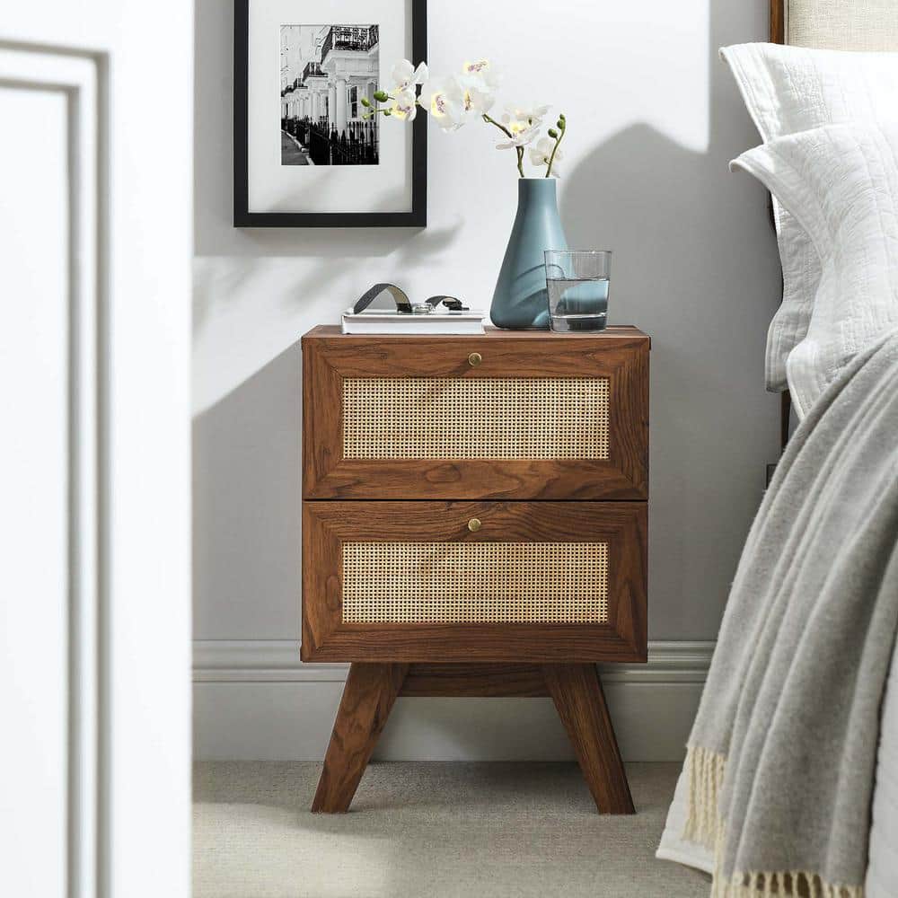 Walnut and Rattan 2-Drawer Nightstand with Splayed Legs