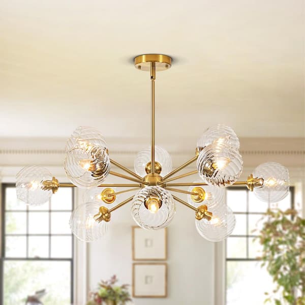 Jesus 12-Light Modern Gold Sputnik Linear Swirled Glass Globe Bubble Chandelier for Dining Room