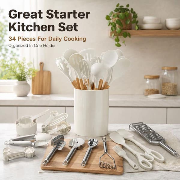 Wudkey Cream White Silicone Kitchen Utensil Set, 34-Piece Heat Resistant Kitchen Gadgets and Tools With Grater, Wood Handles